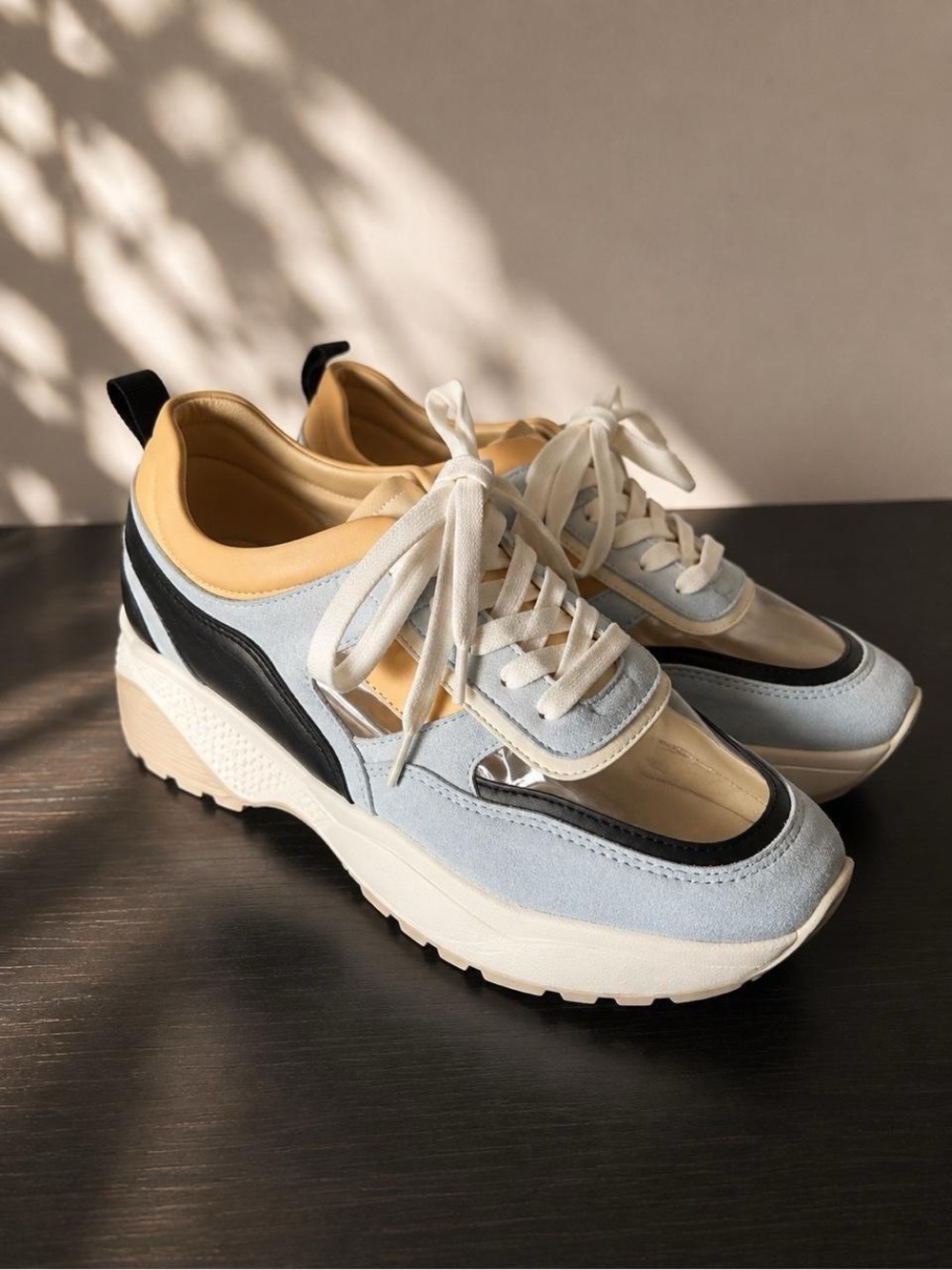 Platform Lace-Up Sneakers in Light Blue, Cream and Black